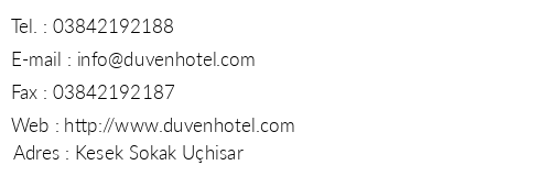 Dven Hotel Cappadocia telefon numaralar, faks, e-mail, posta adresi ve iletiim bilgileri